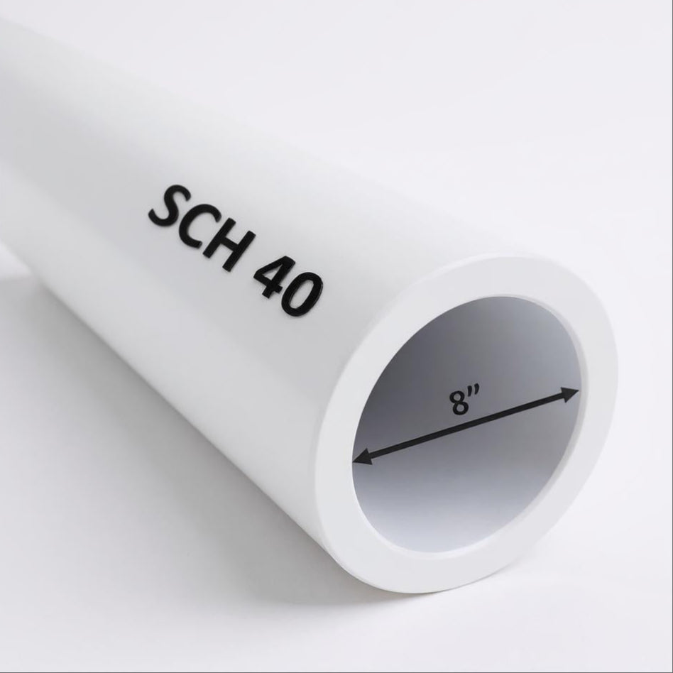 8" Schedule 40 PVC pipe – side view showing smooth white finish and cut-to-length ends for plumbing and irrigation use