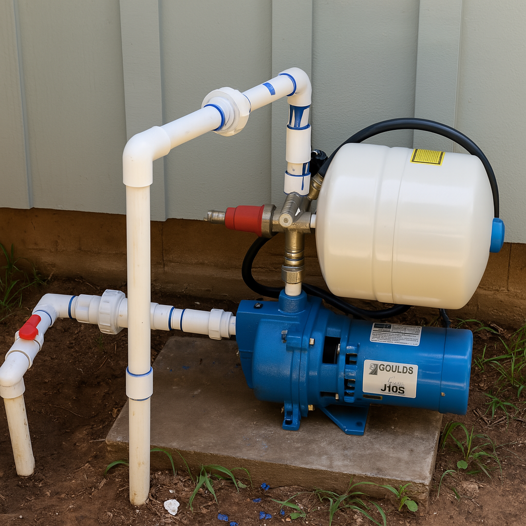 Side view of Goulds J10S Shallow Well Jet Pump – 1 HP Cast Iron Dual Voltage Self-Priming Water Pump for Home and Irrigation Use