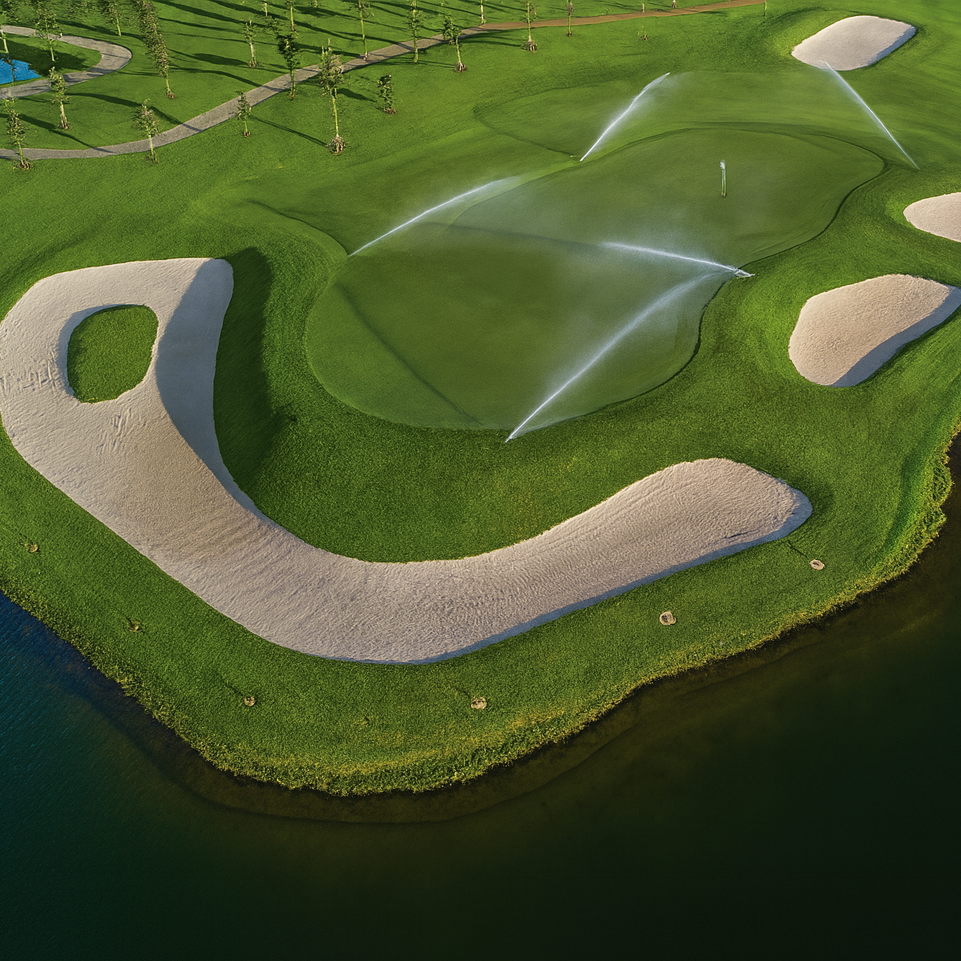 Golf course irrigation with a green, bunkers, and water hazard