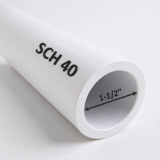 1-1/2" Schedule 40 PVC pipe – side view showing smooth white finish and cut-to-length ends for plumbing and irrigation use