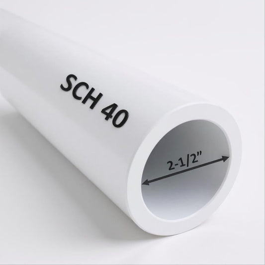2-1/2" Schedule 40 PVC pipe – side view showing smooth white finish and cut-to-length ends for plumbing and irrigation use