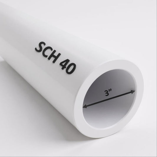 3" Schedule 40 PVC pipe – side view showing smooth white finish and cut-to-length ends for plumbing and irrigation use