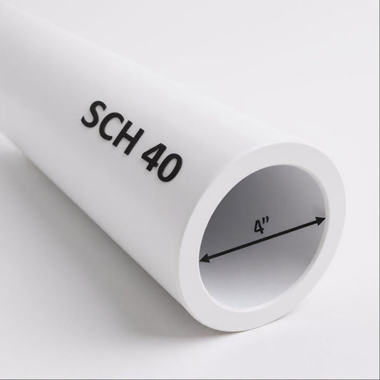 4" Schedule 40 PVC pipe – side view showing smooth white finish and cut-to-length ends for plumbing and irrigation use