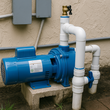 Side view of Goulds GT20 2 HP self-priming centrifugal pump showing cast iron housing, motor label, and 1-1/2" NPT discharge port