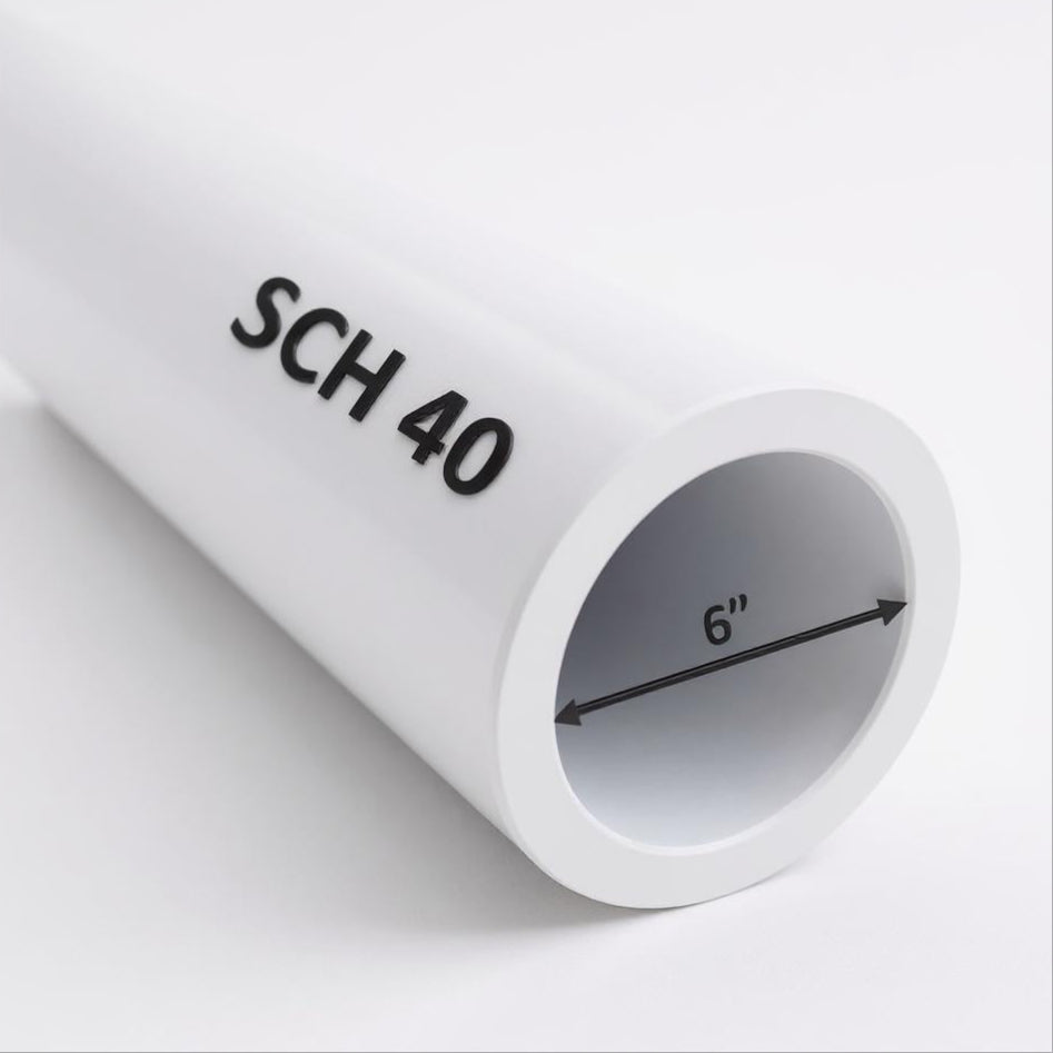6" Schedule 40 PVC pipe – side view showing smooth white finish and cut-to-length ends for plumbing and irrigation use