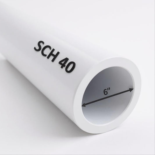 6" Schedule 40 PVC pipe – side view showing smooth white finish and cut-to-length ends for plumbing and irrigation use