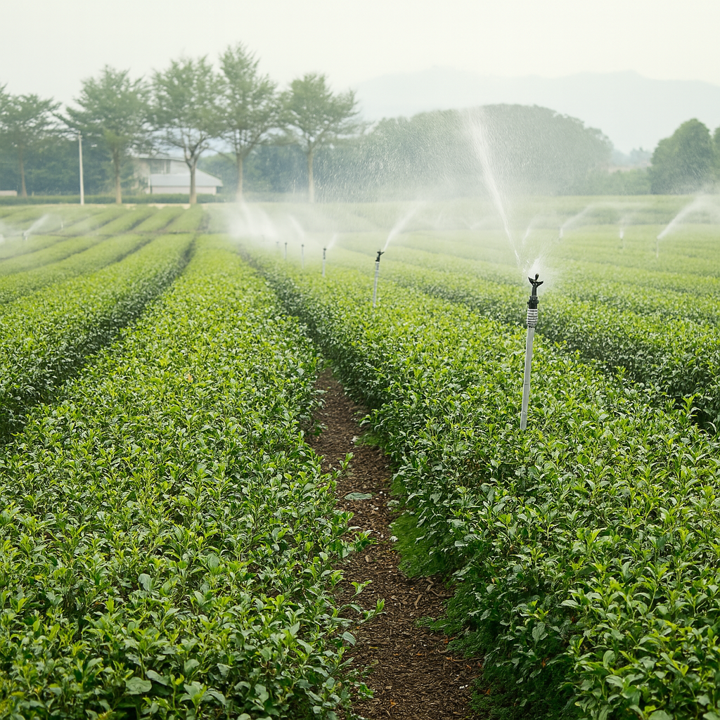 Irrigation system watering a field of crops with trees and buildings in the background.